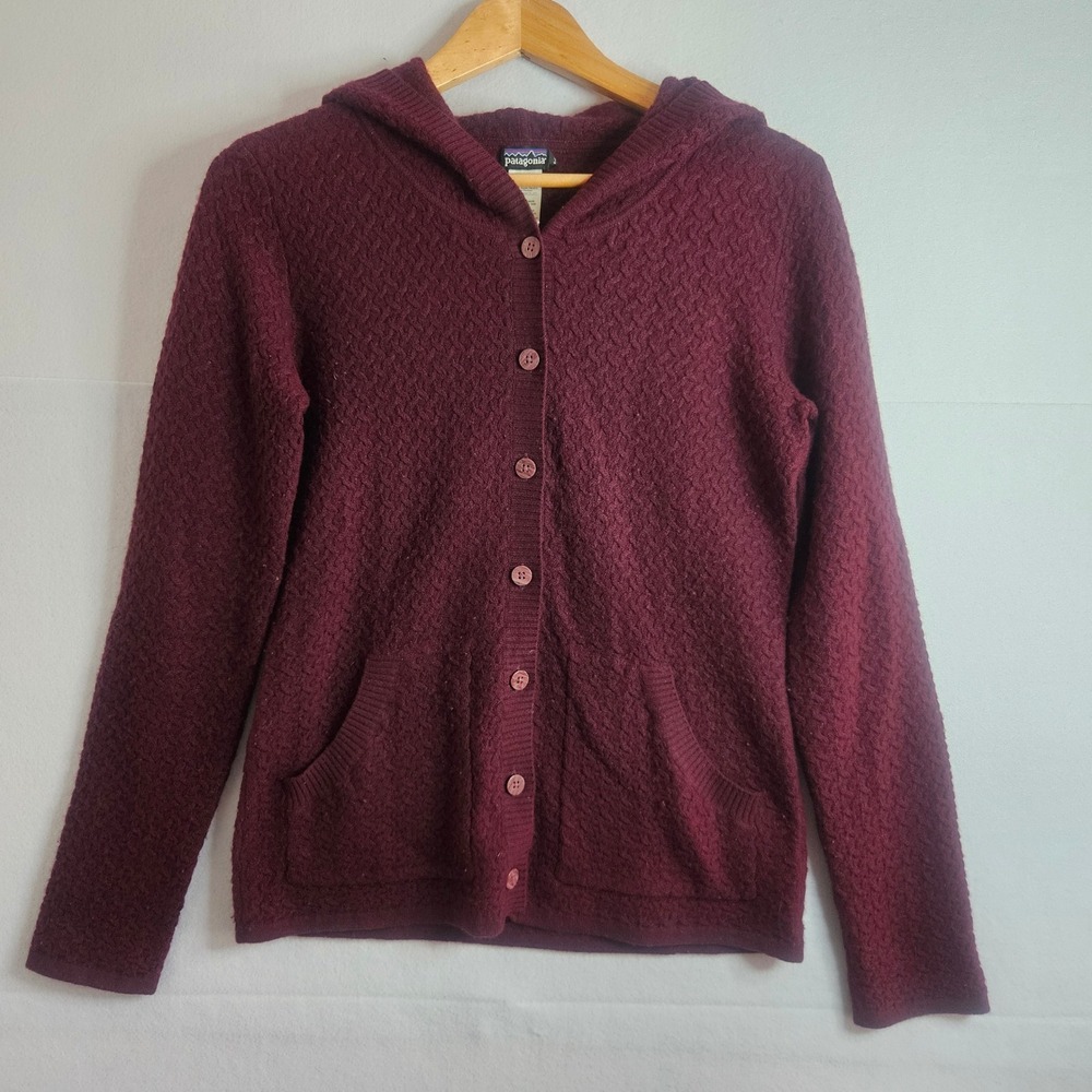 Patagonia Womens 100% Cashmere Hooded Cardigan Sweater Cable Knit Burgundy Small